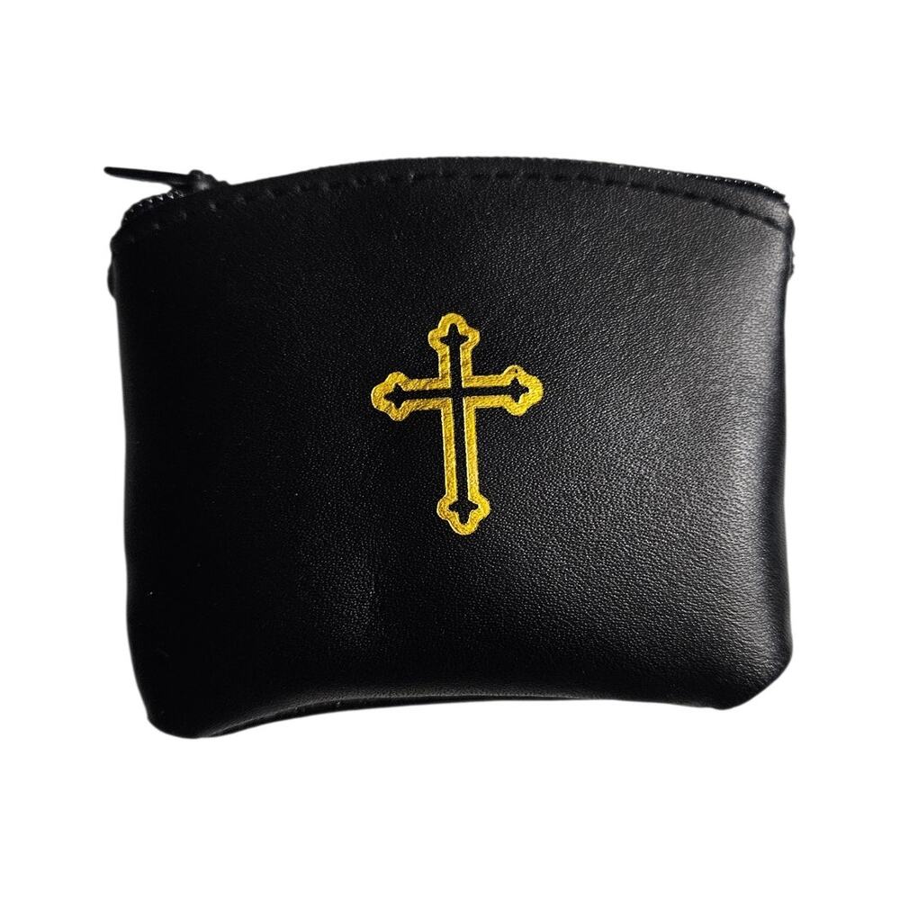 Vintage Black Genuine Leather Coin Purse Gold Cross Religious Rosary Pouch